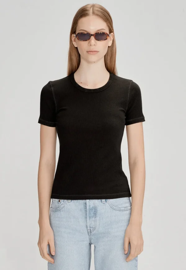 Fashion Base Ribbed SS Tee - Black Women Tops & Tees