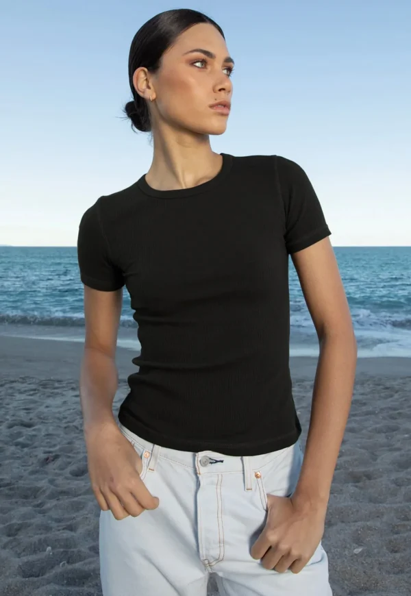 Fashion Base Ribbed SS Tee - Black Women Tops & Tees