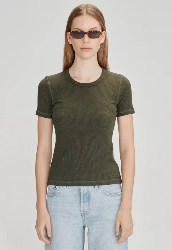 Hot Base Ribbed SS Tee - Khaki Women Tops & Tees