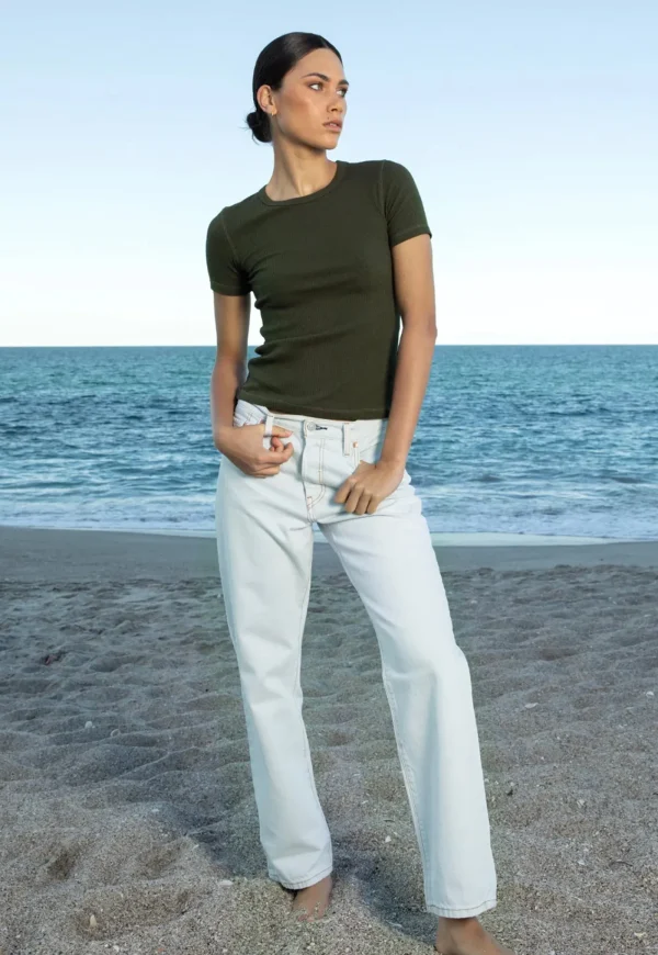 Hot Base Ribbed SS Tee - Khaki Women Tops & Tees