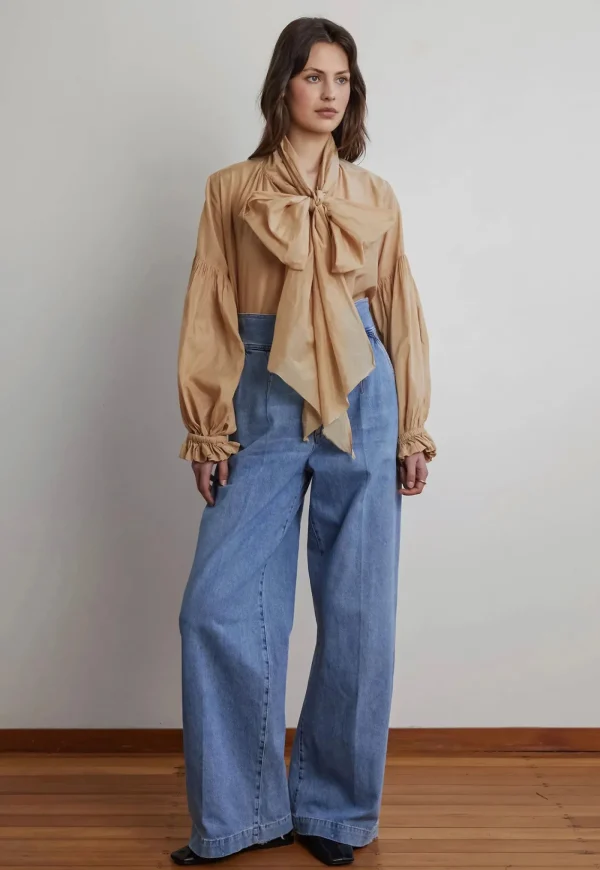 Discount Bow Blouse - Camel Liberty Silk Women Tops & Tees