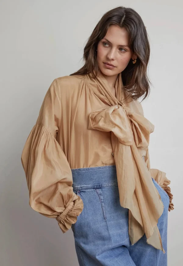 Discount Bow Blouse - Camel Liberty Silk Women Tops & Tees