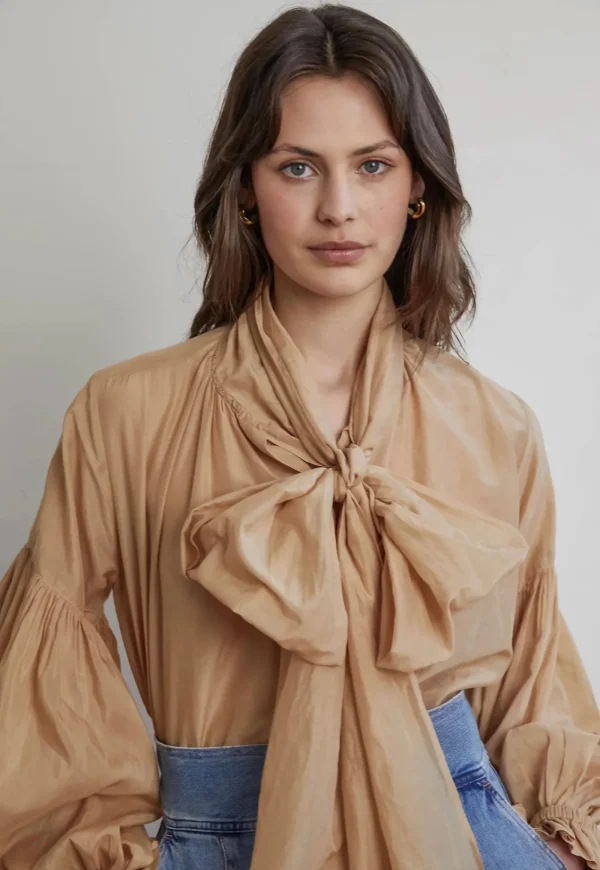 Discount Bow Blouse - Camel Liberty Silk Women Tops & Tees
