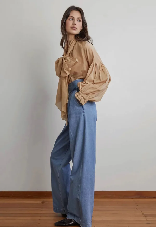 Discount Bow Blouse - Camel Liberty Silk Women Tops & Tees