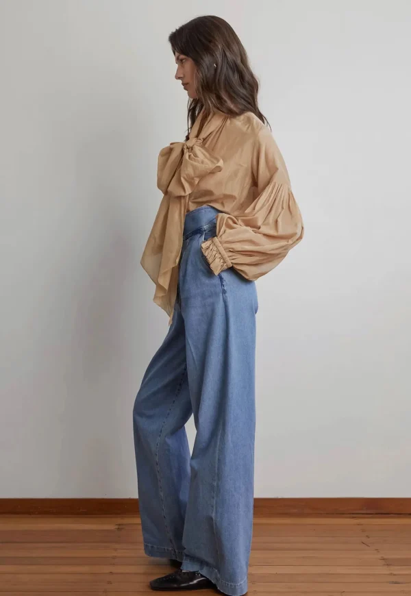Discount Bow Blouse - Camel Liberty Silk Women Tops & Tees