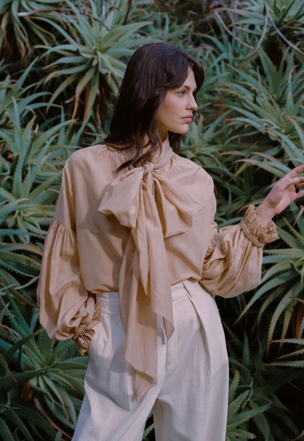 Discount Bow Blouse - Camel Liberty Silk Women Tops & Tees
