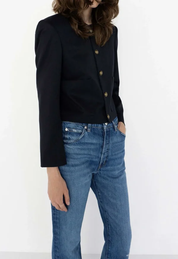 Fashion Button Front Jacket - Navy Women Blazers & Jackets