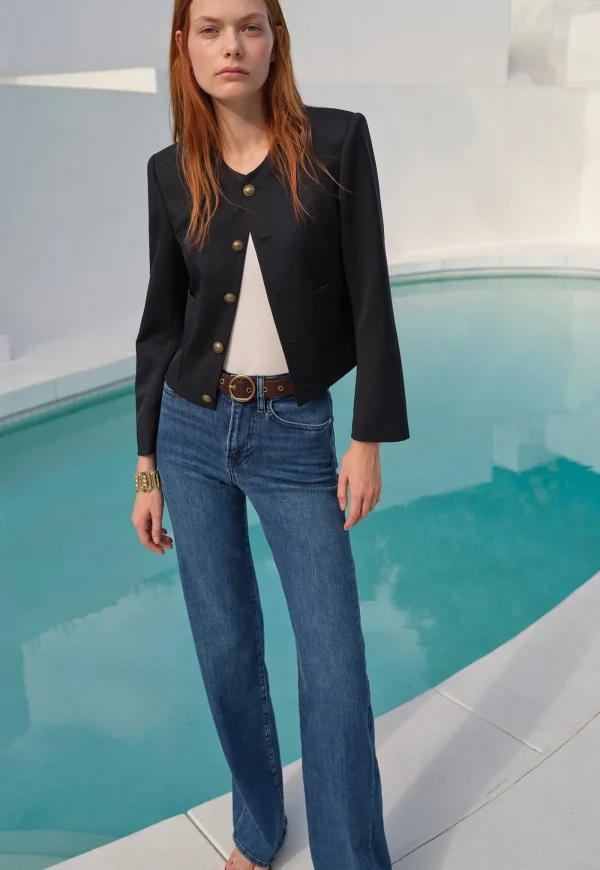 Fashion Button Front Jacket - Navy Women Blazers & Jackets