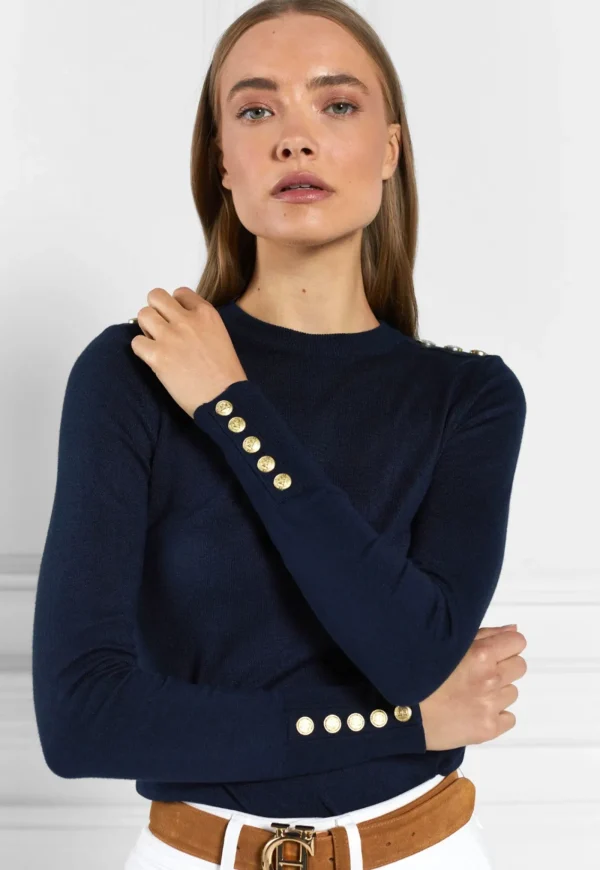 Online Buttoned Knit Crew Neck - Ink Navy Women Tops & Tees | Knitwear