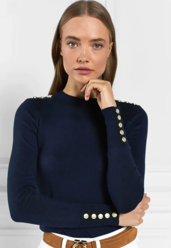 Online Buttoned Knit Crew Neck - Ink Navy Women Tops & Tees | Knitwear