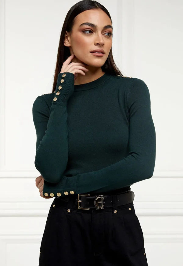 Sale Buttoned Knit Crew Neck - Emerald Women Tops & Tees | Knitwear