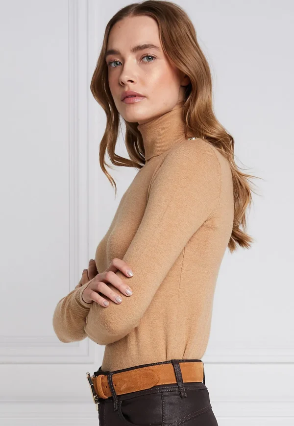 Clearance Buttoned Knit Roll Neck - Dark Camel Women Tops & Tees | Knitwear