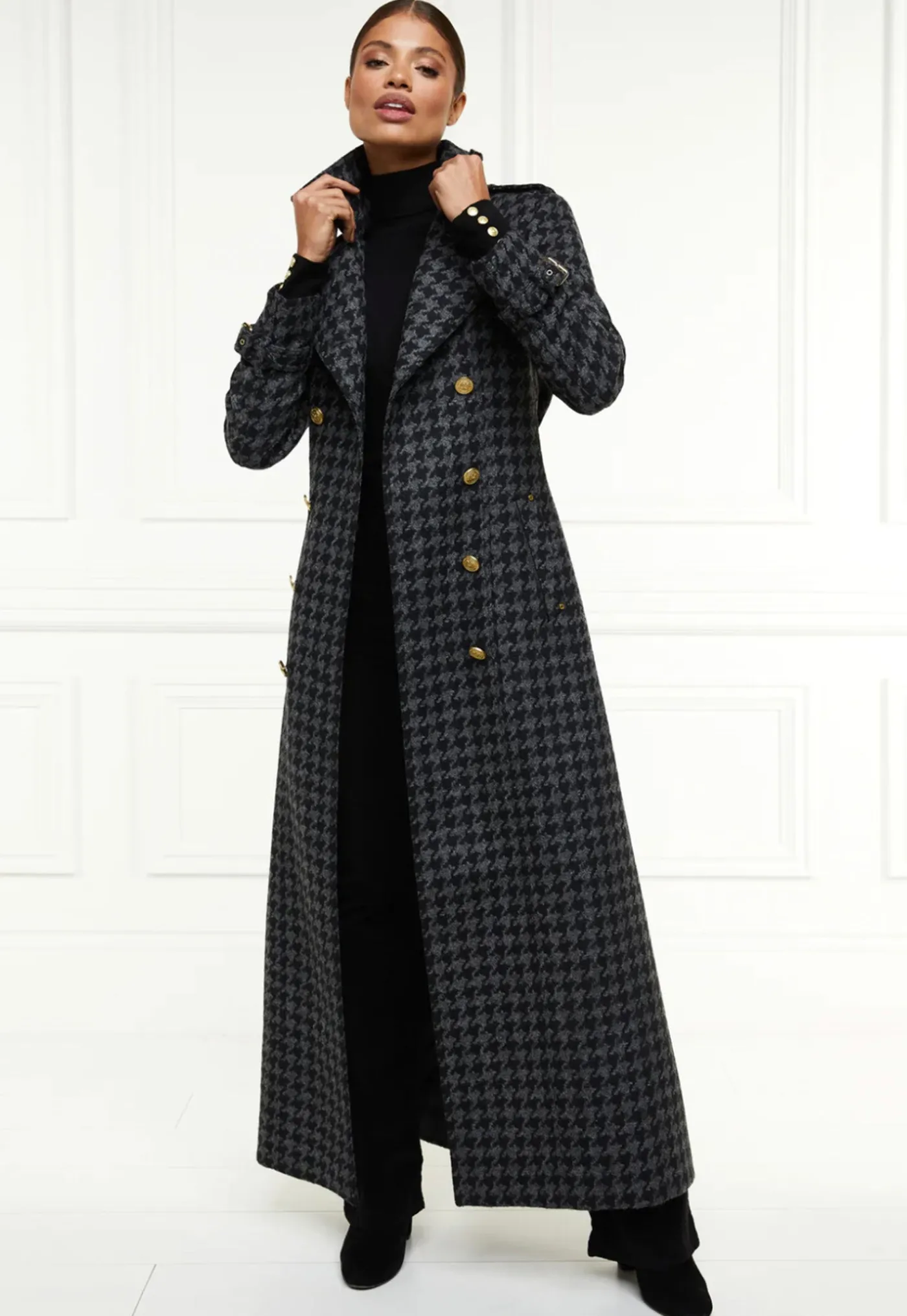 chelsea_trench_coat_full__0.webp Online Chelsea Trench Coat Full Length - Charcoal Houndstooth Women Coats