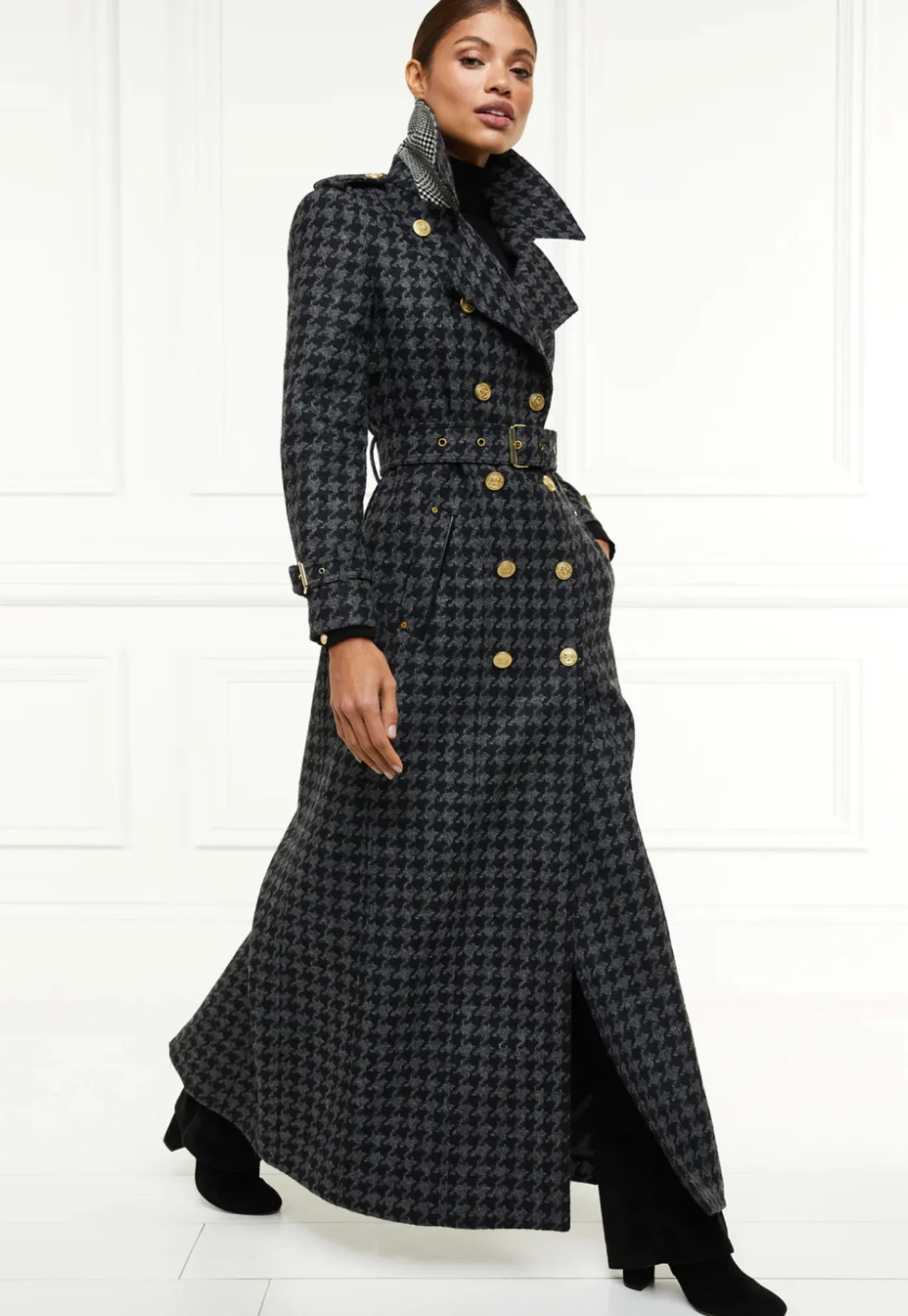 chelsea_trench_coat_full__1.webp Online Chelsea Trench Coat Full Length - Charcoal Houndstooth Women Coats
