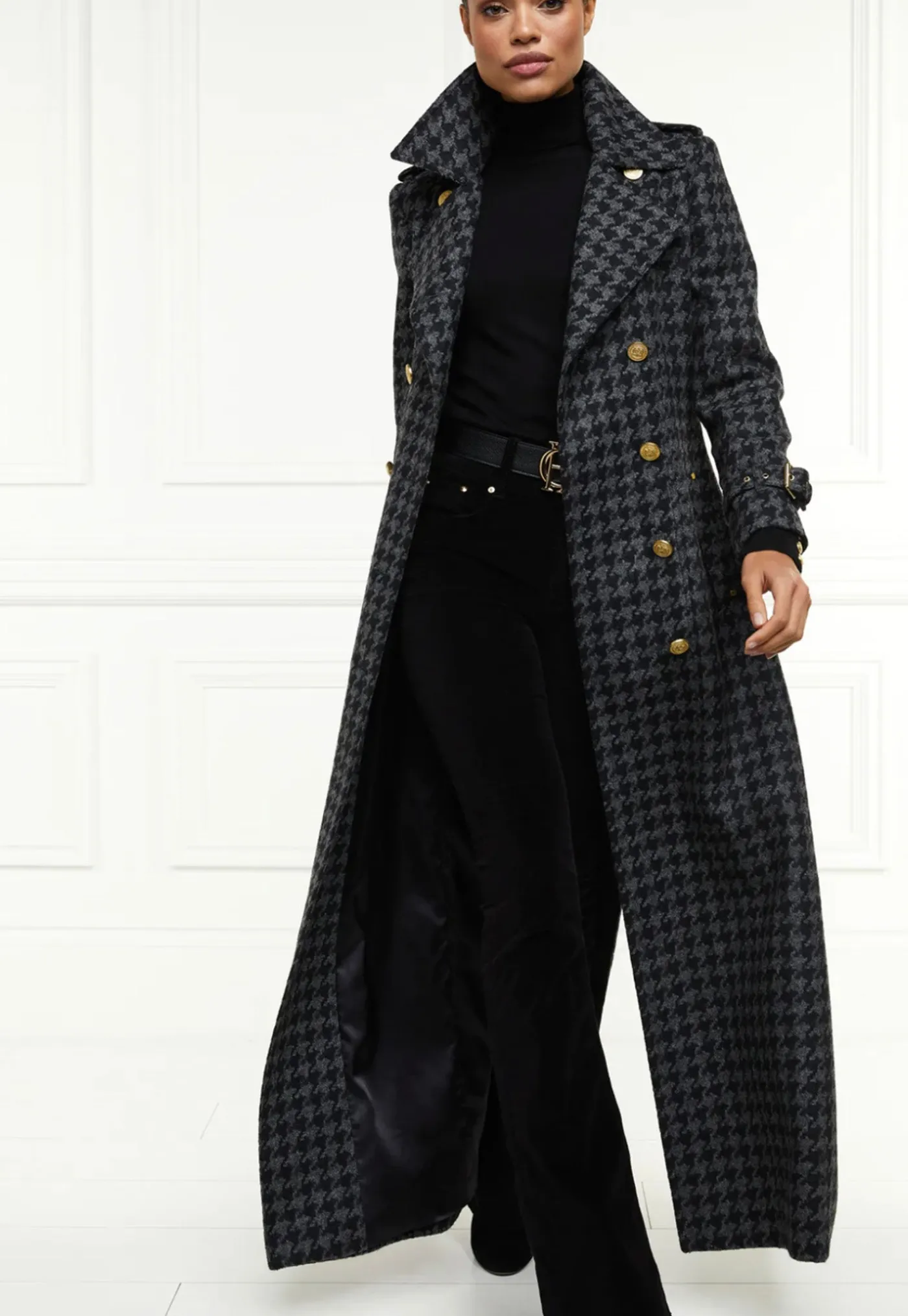 chelsea_trench_coat_full__3.webp Online Chelsea Trench Coat Full Length - Charcoal Houndstooth Women Coats