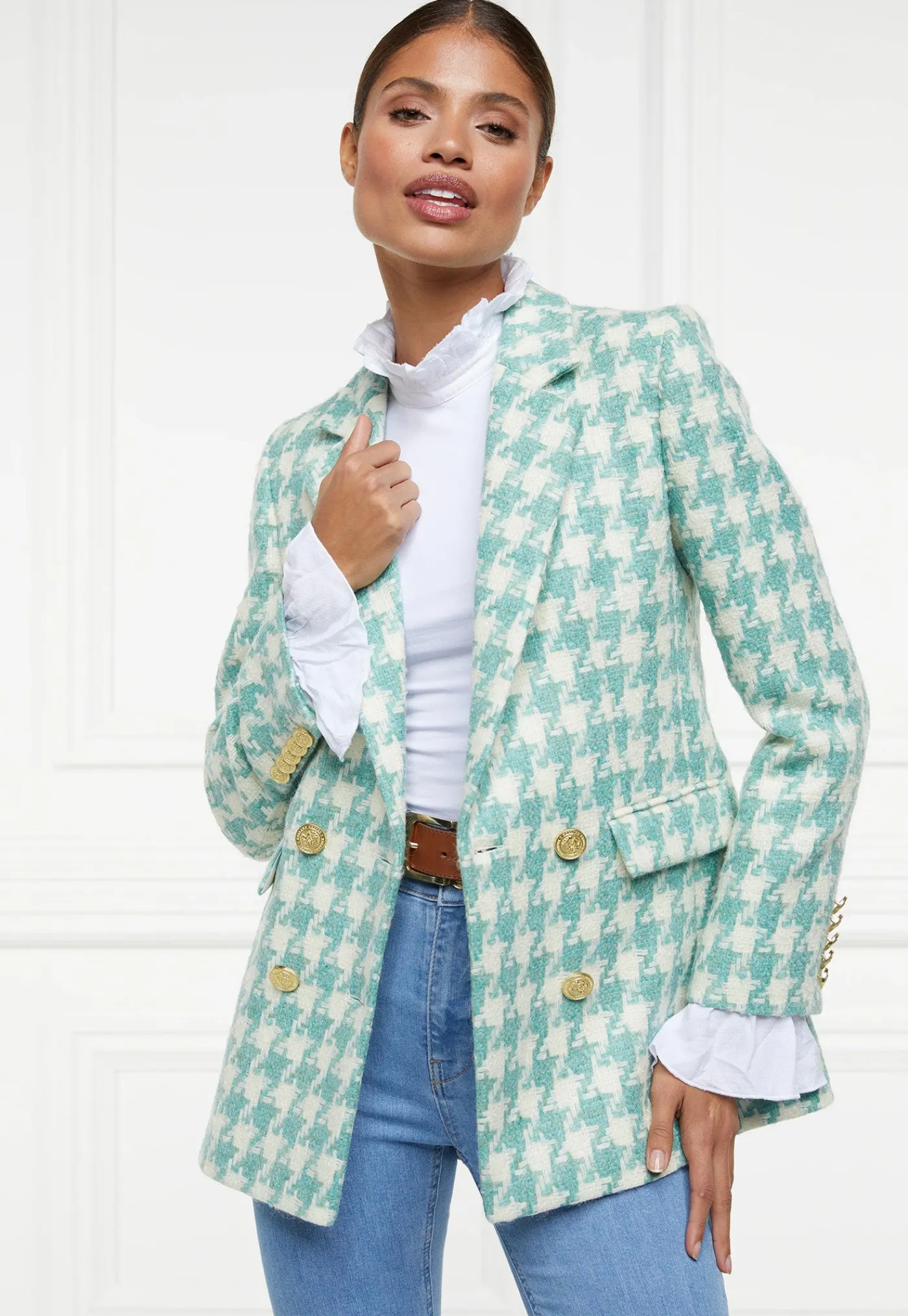 double_breasted_blazer__l_0-2.webp Fashion Double Breasted Blazer - Large Scale Teal Houndstooth Women Blazers & Jackets
