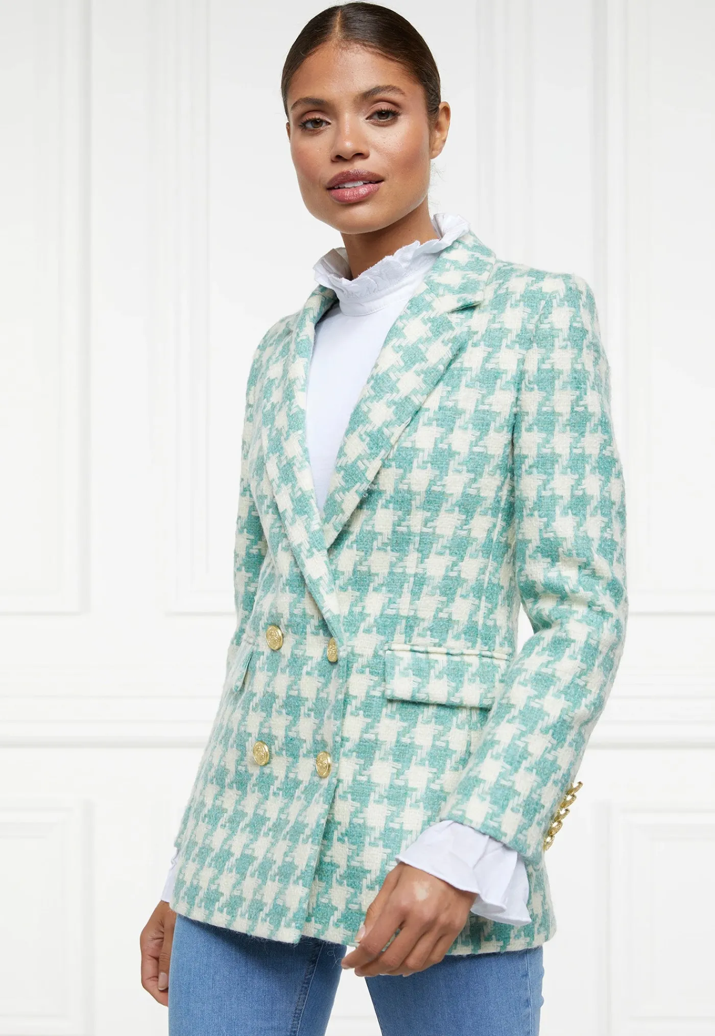 double_breasted_blazer__l_1-2.webp Fashion Double Breasted Blazer - Large Scale Teal Houndstooth Women Blazers & Jackets