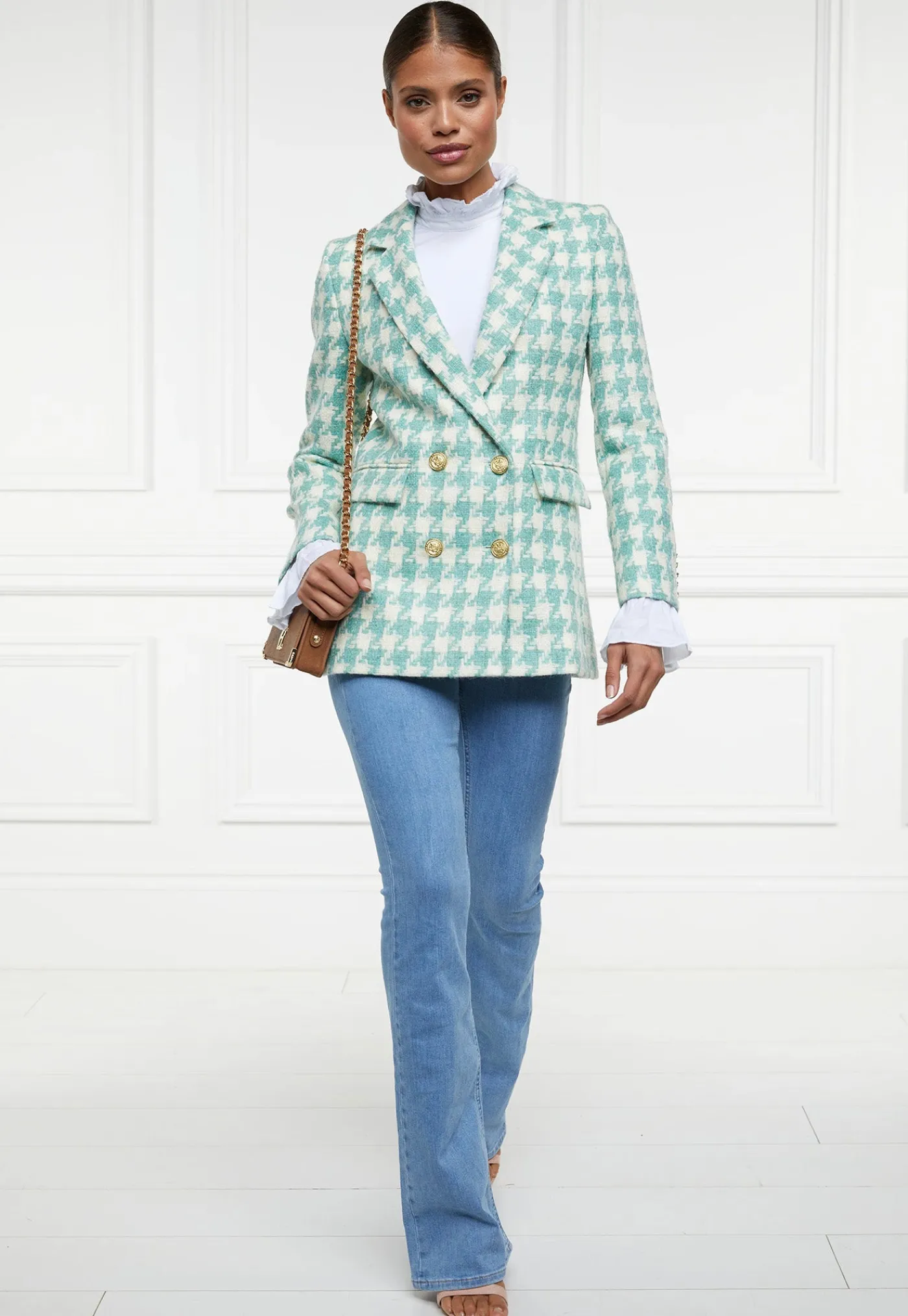double_breasted_blazer__l_2-2.webp Fashion Double Breasted Blazer - Large Scale Teal Houndstooth Women Blazers & Jackets
