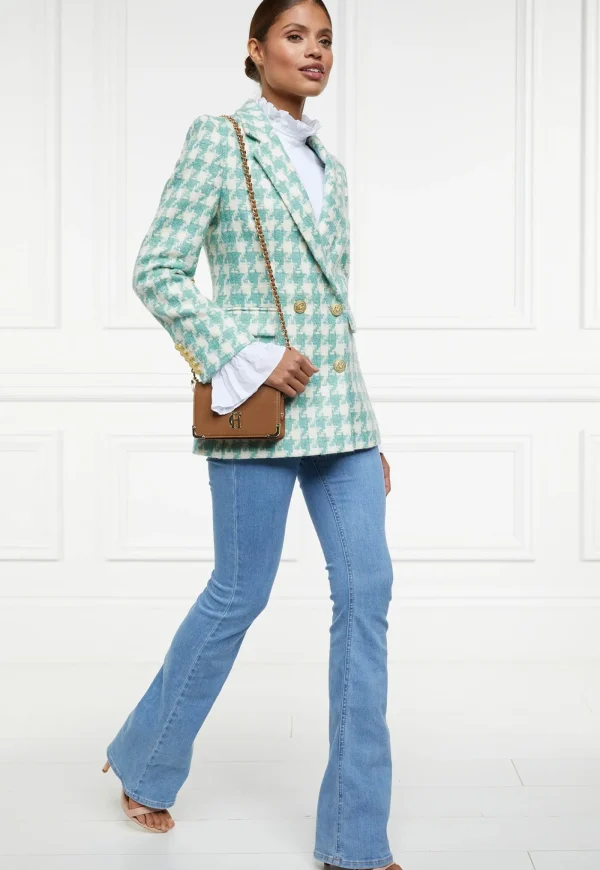 Fashion Double Breasted Blazer - Large Scale Teal Houndstooth Women Blazers & Jackets