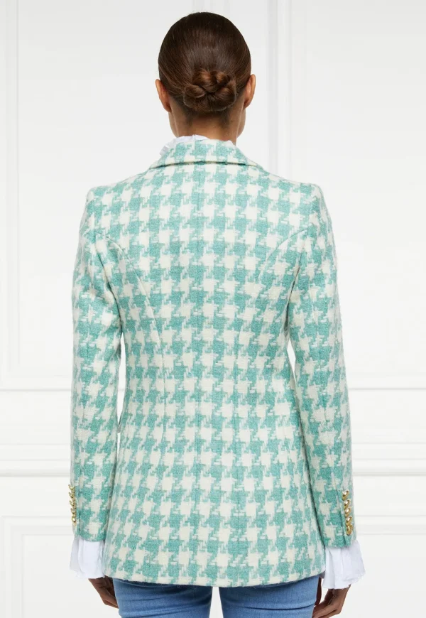 Fashion Double Breasted Blazer - Large Scale Teal Houndstooth Women Blazers & Jackets