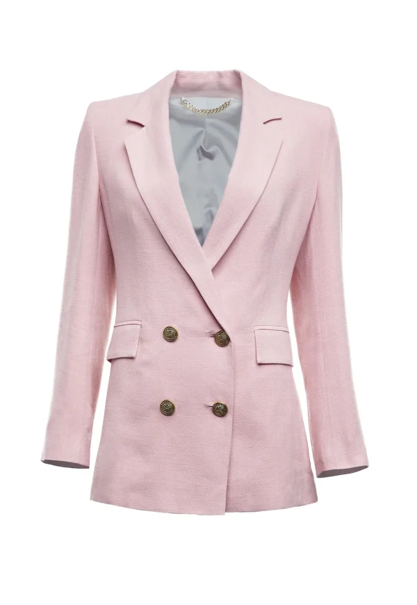 Hot Double Breasted Blazer - Pink Linen Women Blazers & Jackets