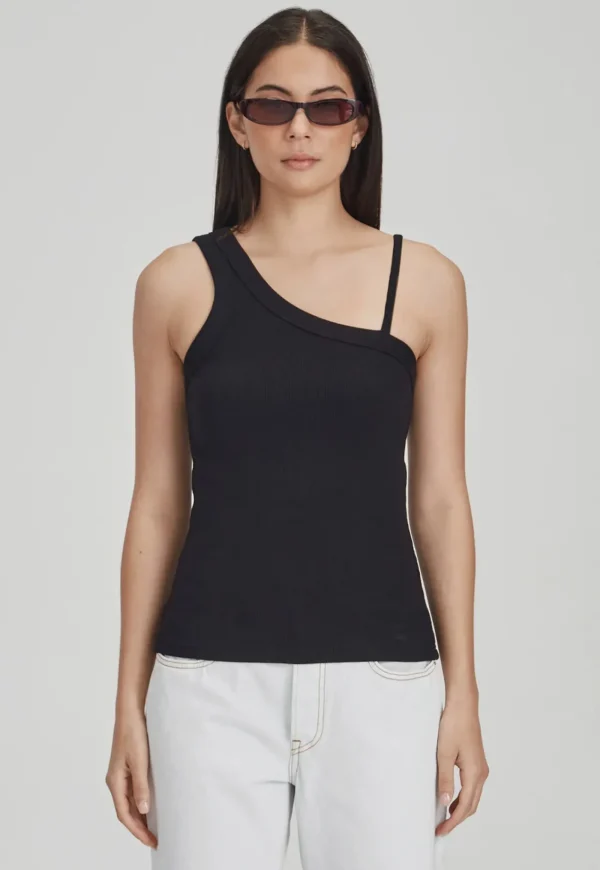 Clearance Fitted Asym Tank - Black Women Tops & Tees