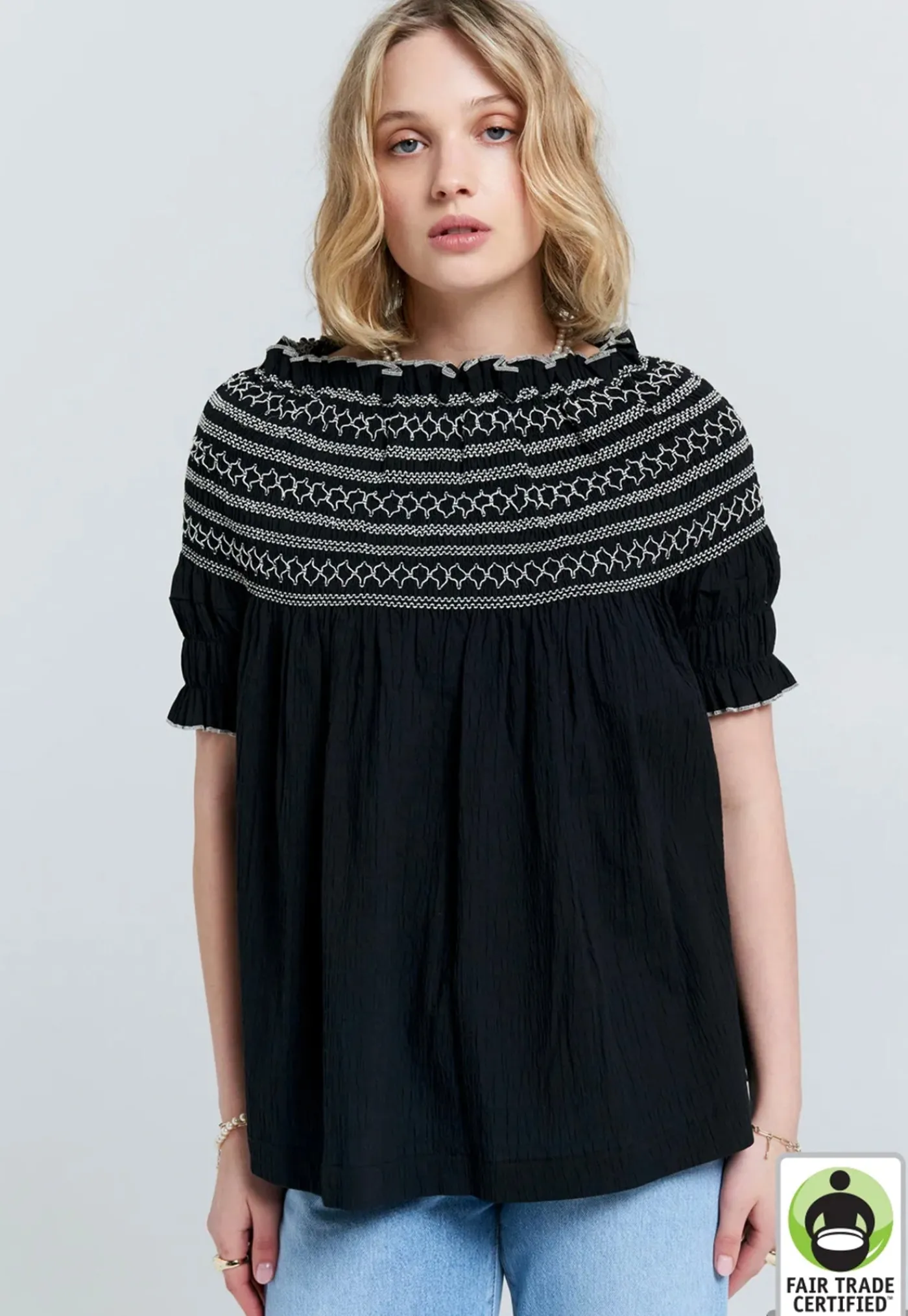 gaia_smocked_blouse__orga_0.webp New Gaia Smocked Blouse - Organic Cotton Black/Off-White Women Tops & Tees