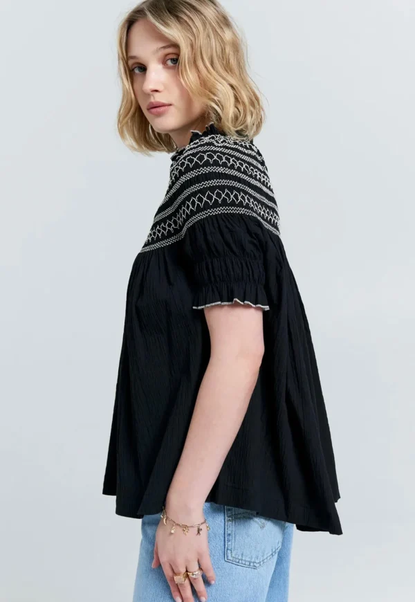 New Gaia Smocked Blouse - Organic Cotton Black/Off-White Women Tops & Tees