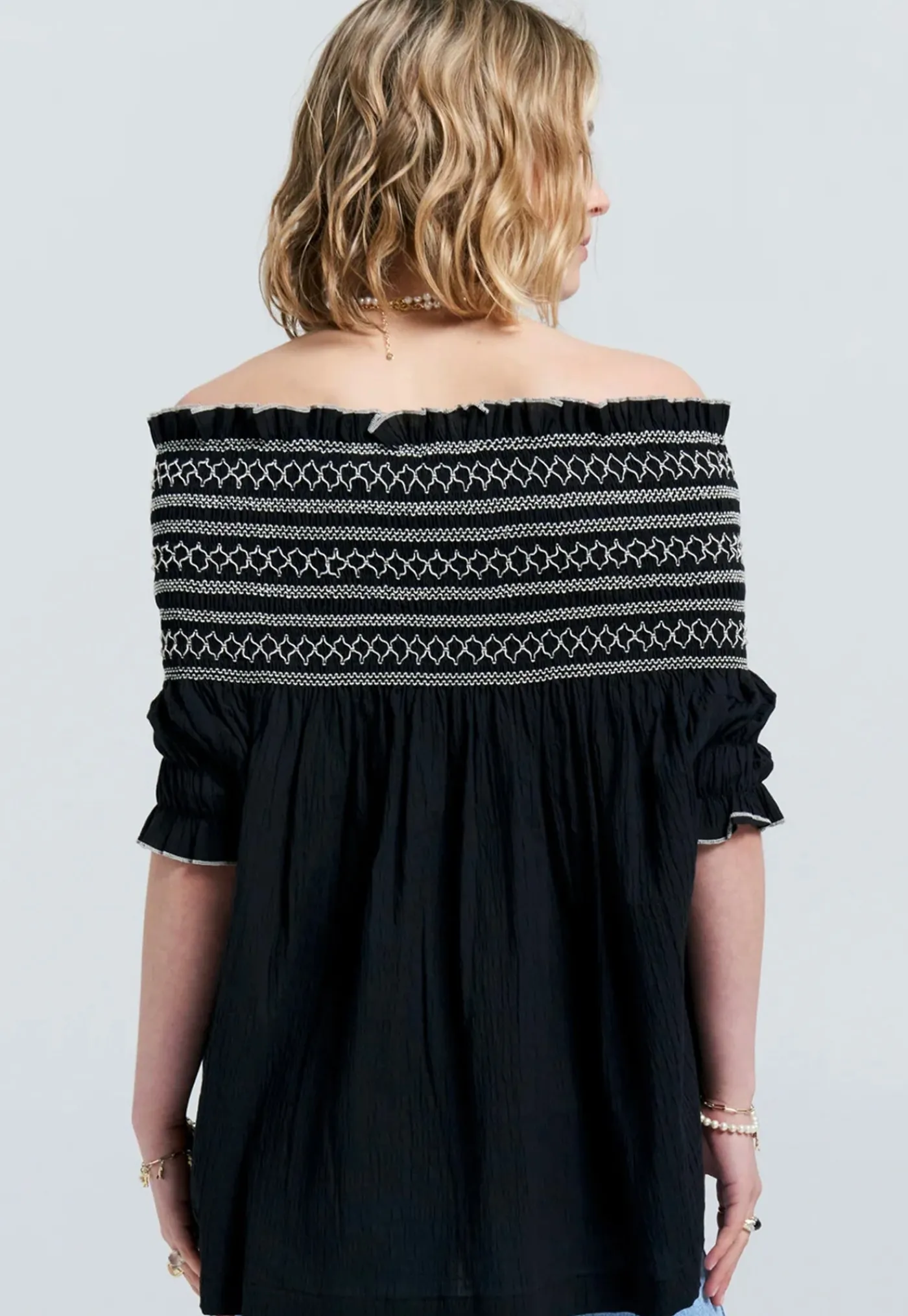 gaia_smocked_blouse__orga_2.webp New Gaia Smocked Blouse - Organic Cotton Black/Off-White Women Tops & Tees