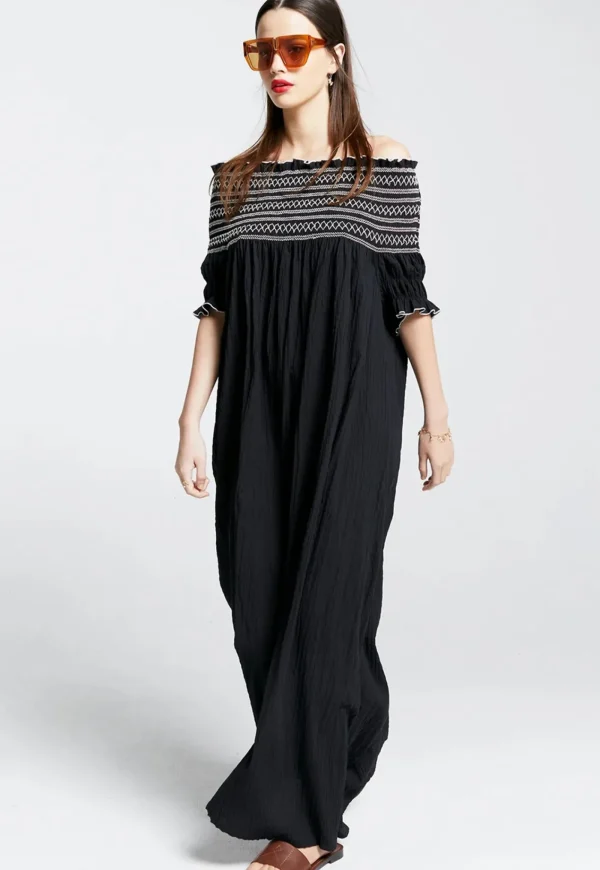 Clearance Gaia Smocked Dress - Organic Cotton Black/Off-White Women Dresses