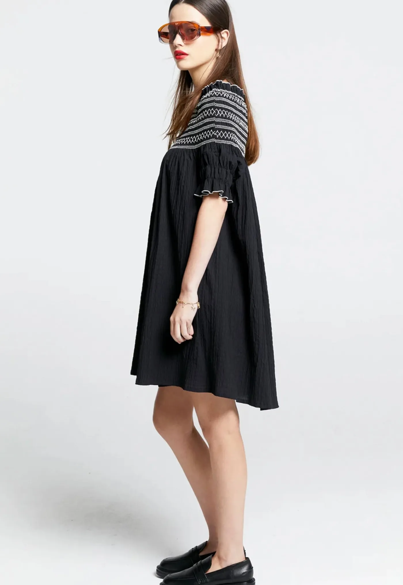 gaia_smocked_mini_dress___1.webp Hot Gaia Smocked Mini Dress - Black/Off White Women Dresses