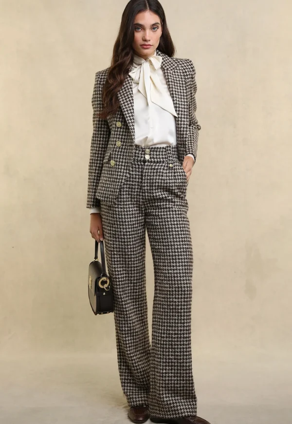 Sale High Waisted Straight Trouser - Coffee Houndstooth Women Pants