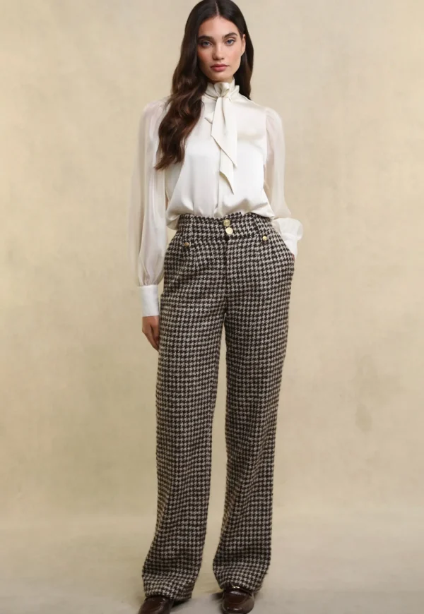 Sale High Waisted Straight Trouser - Coffee Houndstooth Women Pants