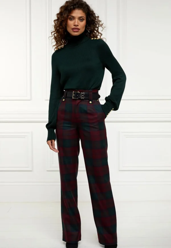Hot High Waisted Straight Trouser - Mulberry Tartan Women Pants