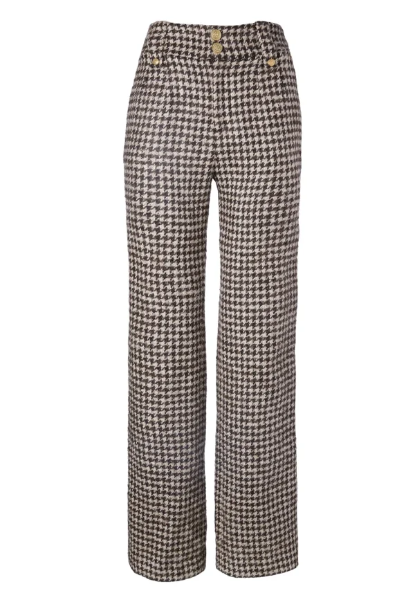 Sale High Waisted Straight Trouser - Coffee Houndstooth Women Pants