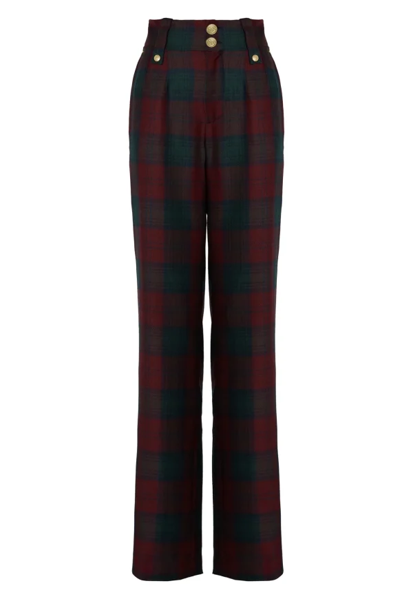 Hot High Waisted Straight Trouser - Mulberry Tartan Women Pants