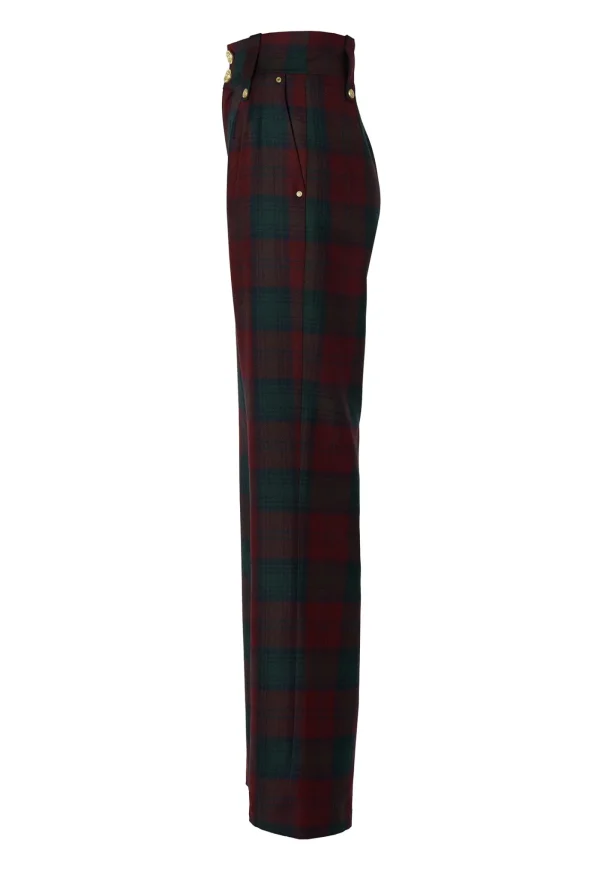 Hot High Waisted Straight Trouser - Mulberry Tartan Women Pants
