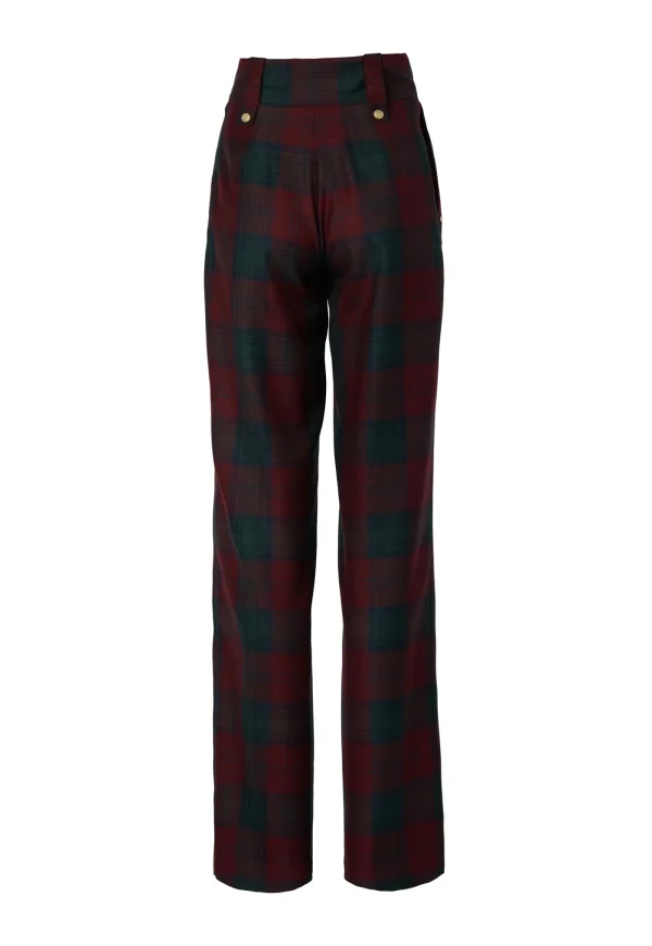 Hot High Waisted Straight Trouser - Mulberry Tartan Women Pants