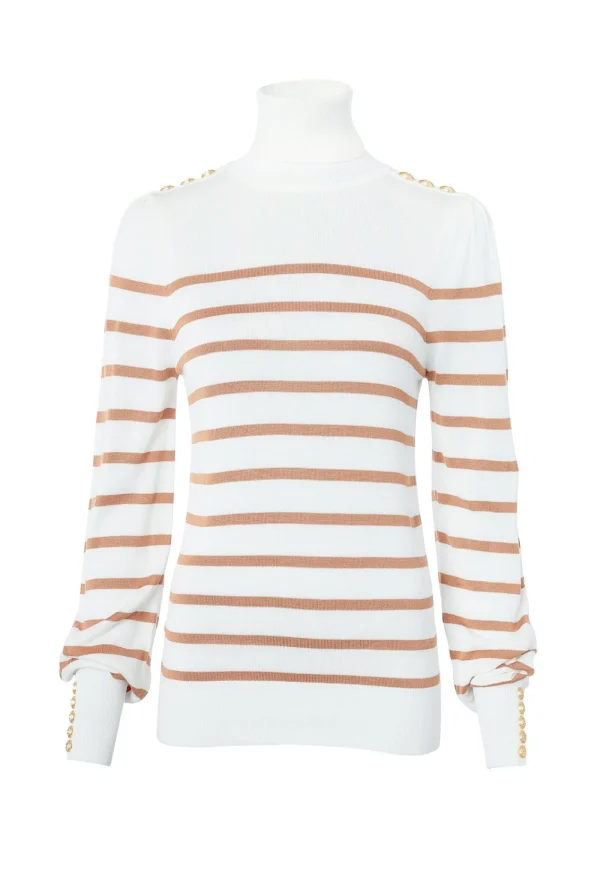 Best Kelsie Roll Neck Knit - Natural Camel Stripe Women Tops & Tees
