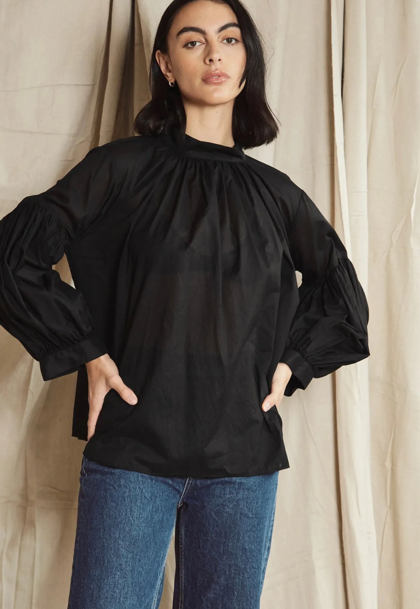 long_preacher_top__black__1.webp Online Long Preacher Top - Black Cotton Voile Women Tops & Tees