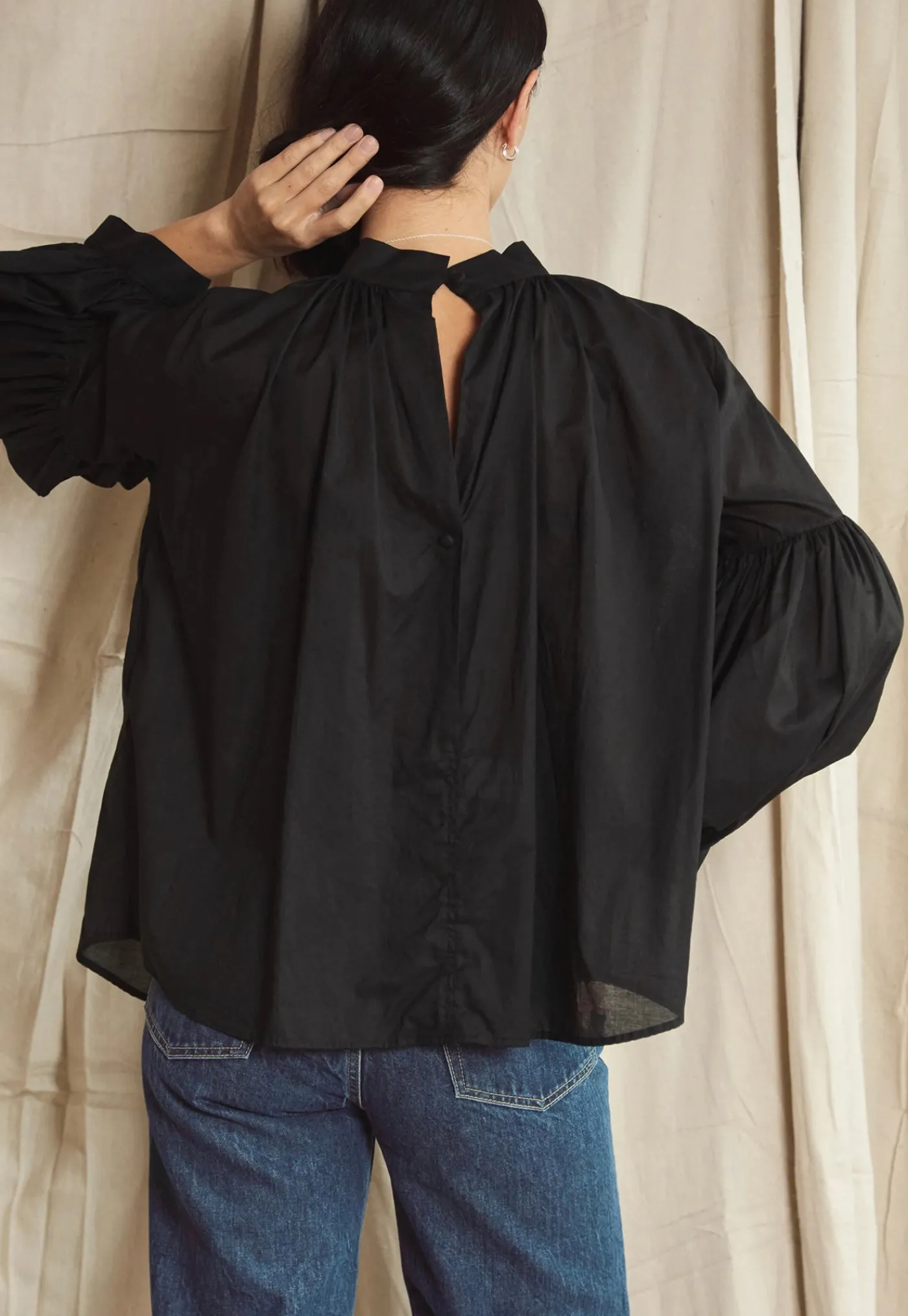 long_preacher_top__black__2.webp Online Long Preacher Top - Black Cotton Voile Women Tops & Tees