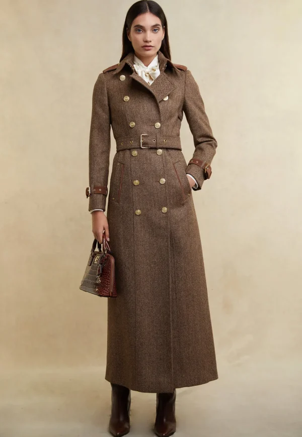 Sale Marlborough Trench Coat Full Length - Large Scale Brown Herringbone Women Coats