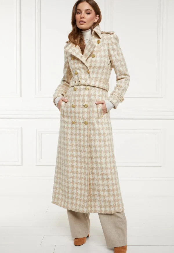 Hot Marlborough Trench Coat Full Length - Camel Houndstooth Women Coats