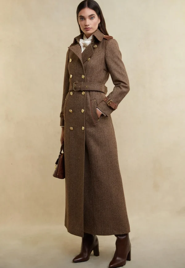 Sale Marlborough Trench Coat Full Length - Large Scale Brown Herringbone Women Coats
