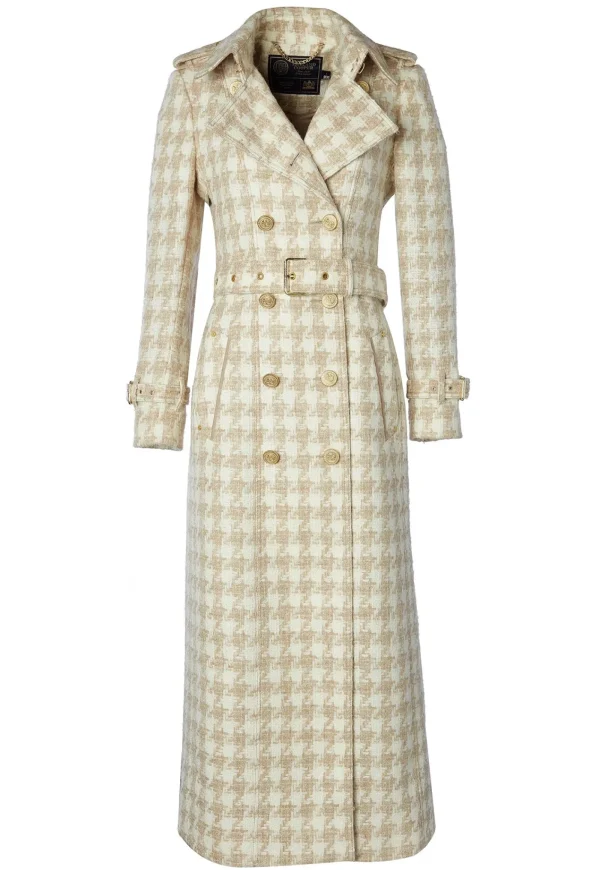 Hot Marlborough Trench Coat Full Length - Camel Houndstooth Women Coats
