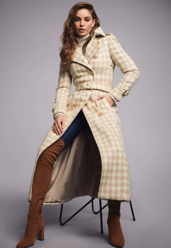 Hot Marlborough Trench Coat Full Length - Camel Houndstooth Women Coats