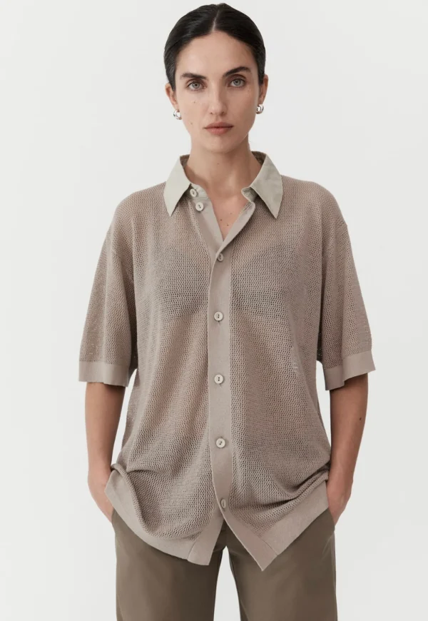 Clearance Mesh Short Sleeve Shirt - Fog Women Tops & Tees