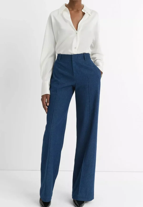 Fashion Mid Rise Pintuck Twill Wide Trouser - Indigo Women Pants