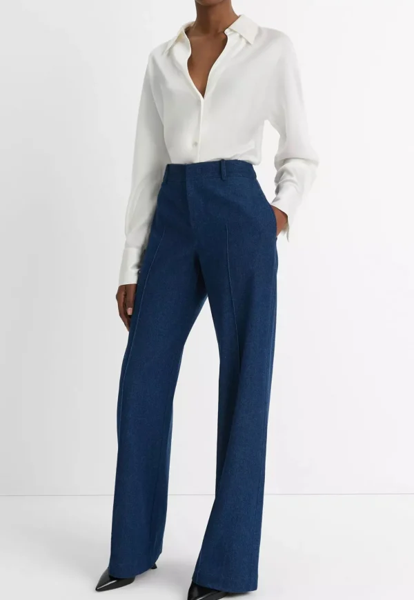 Fashion Mid Rise Pintuck Twill Wide Trouser - Indigo Women Pants