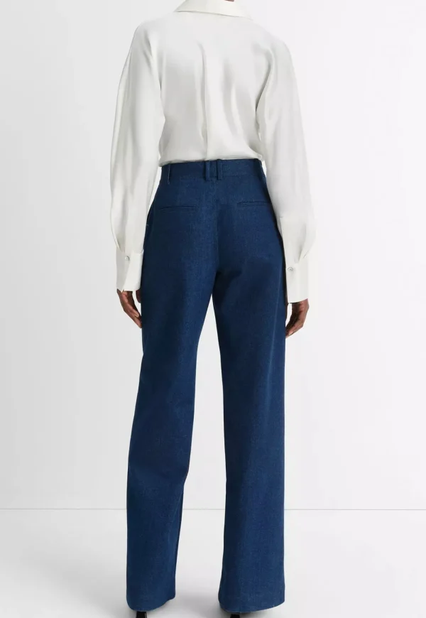 Fashion Mid Rise Pintuck Twill Wide Trouser - Indigo Women Pants